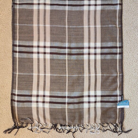 NWT Wool/Cotton Blend Lightweight Scarf Brown Tan Plaid Freeset Fabric - Picture 2 of 16